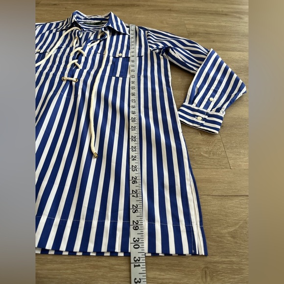 Lauren Ralph Lauren M Top Nautical Lace Up Front Tunic Top Shirt Blue Stripe - Picture 8 of 9